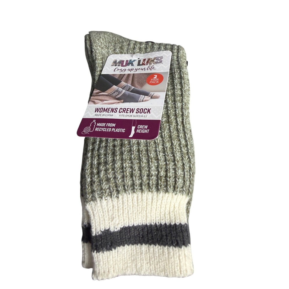 Muk Luks Womens Crew Socks 2 Pair‎ Pack Recycled Knit Green Grey Shoe Size 6-11